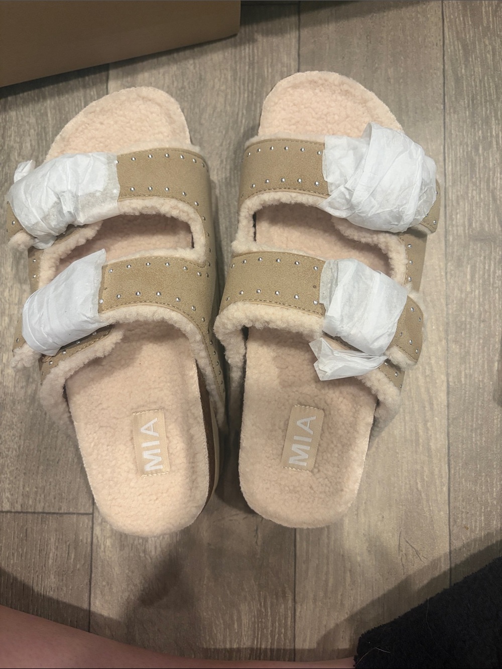 New in box MIA Tan Fuzzy Double-Strap Slide Sandals with Stud Accents